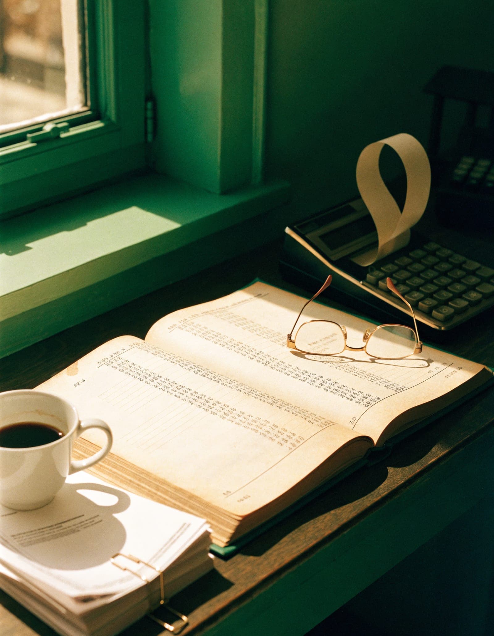 A monthly close in progress: an open ledger, folded reading glasses, a printing calculator's paper tape and a cup of coffee.