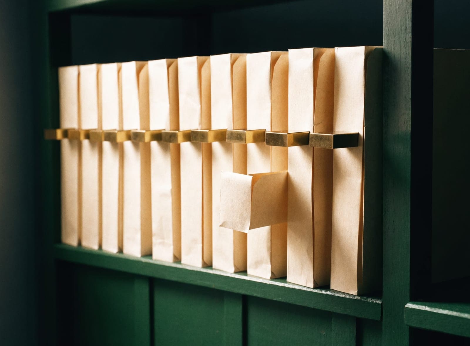 Twelve cream folders with brass tabs standing in a row on a green shelf, one pulled halfway out.