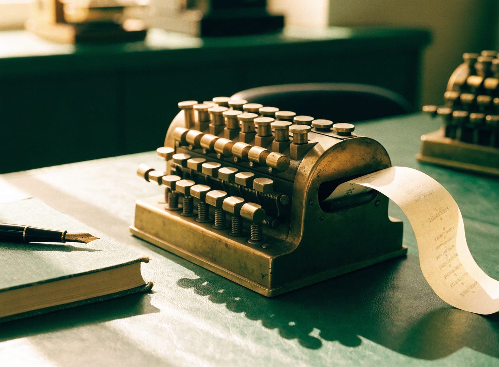 A brass mechanical adding machine with a curl of paper tape, beside a ledger and a fountain pen on a green leather desk.