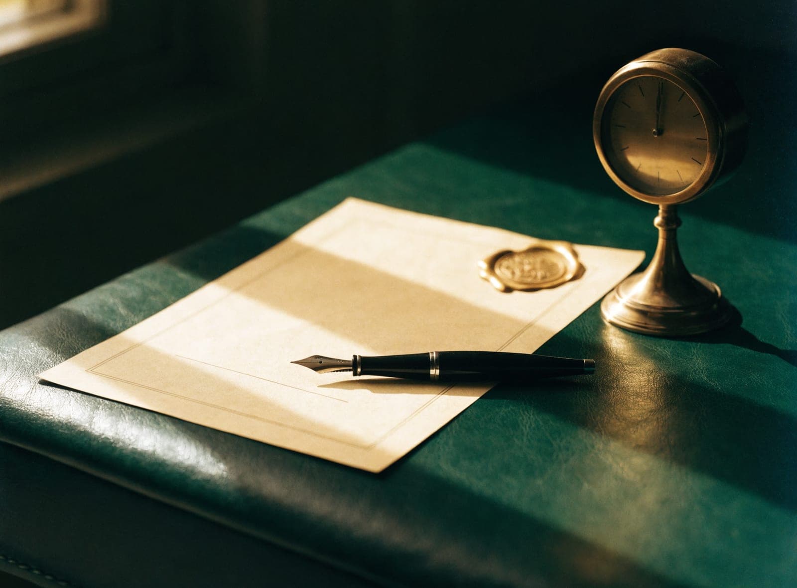 A fountain pen resting on the signature line of a loan agreement, with a gold seal and a brass desk clock.