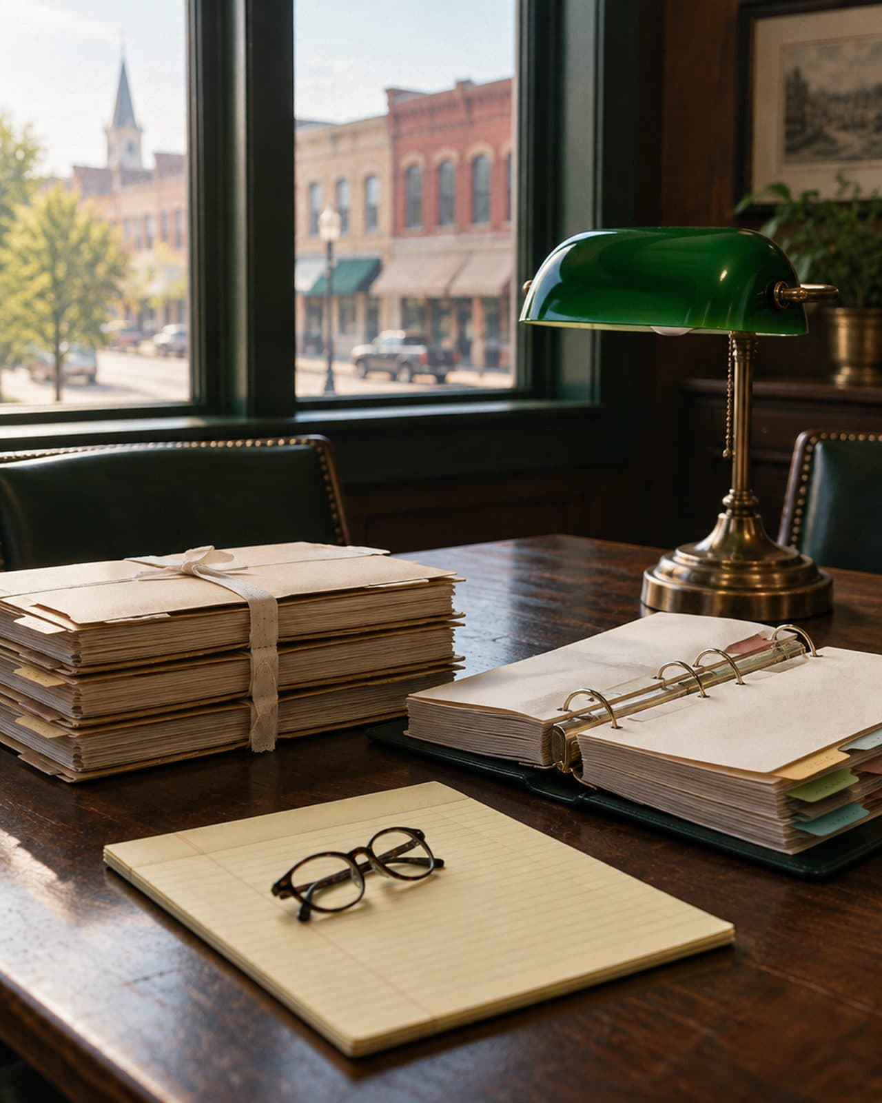 A community lender's committee table in early light: loan files tied with cotton tape, an open binder with tabbed dividers and a green glass banker's lamp.