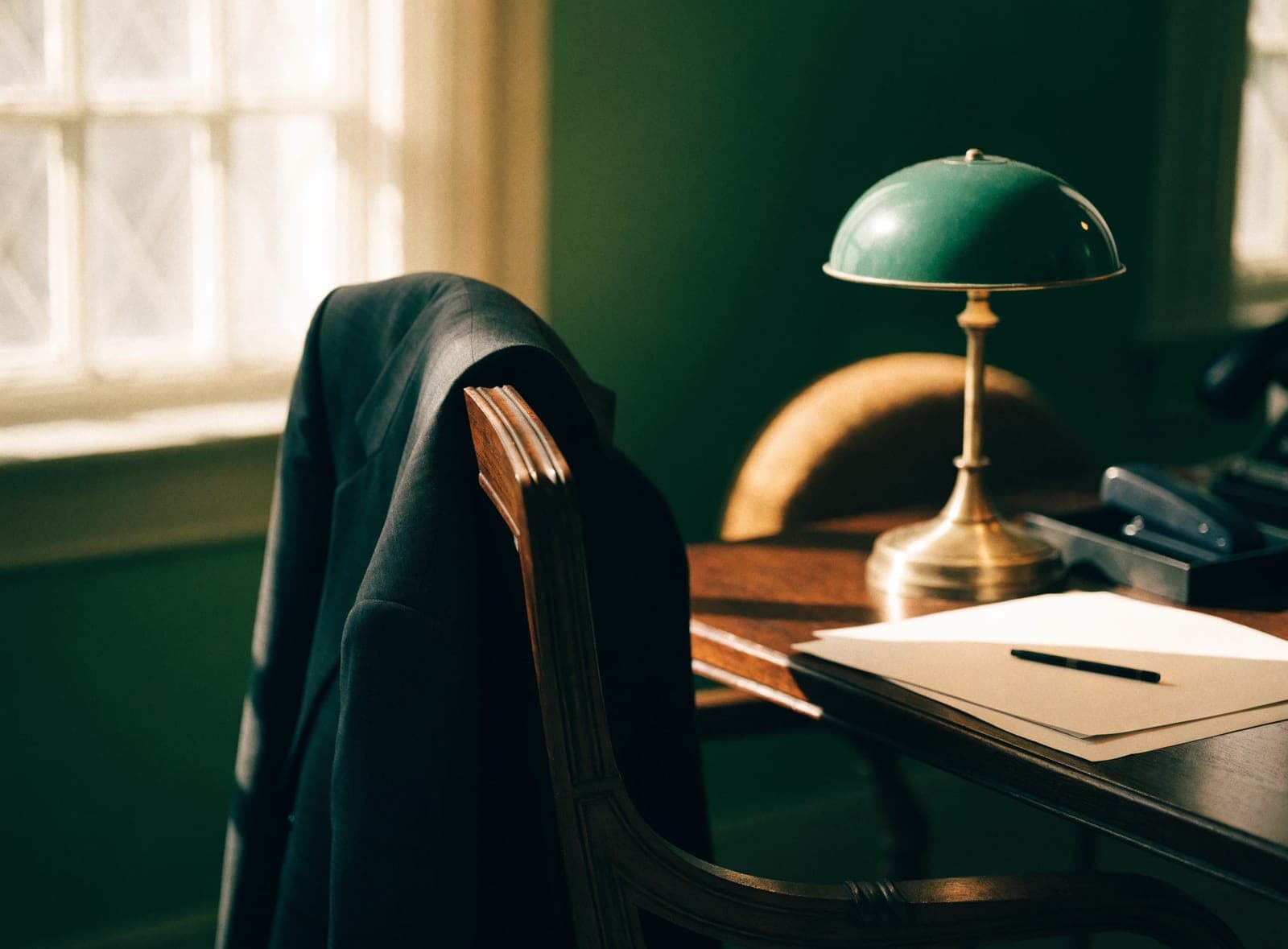 An empty office chair with a jacket over its back, a green desk lamp lit, papers squared on the desk.