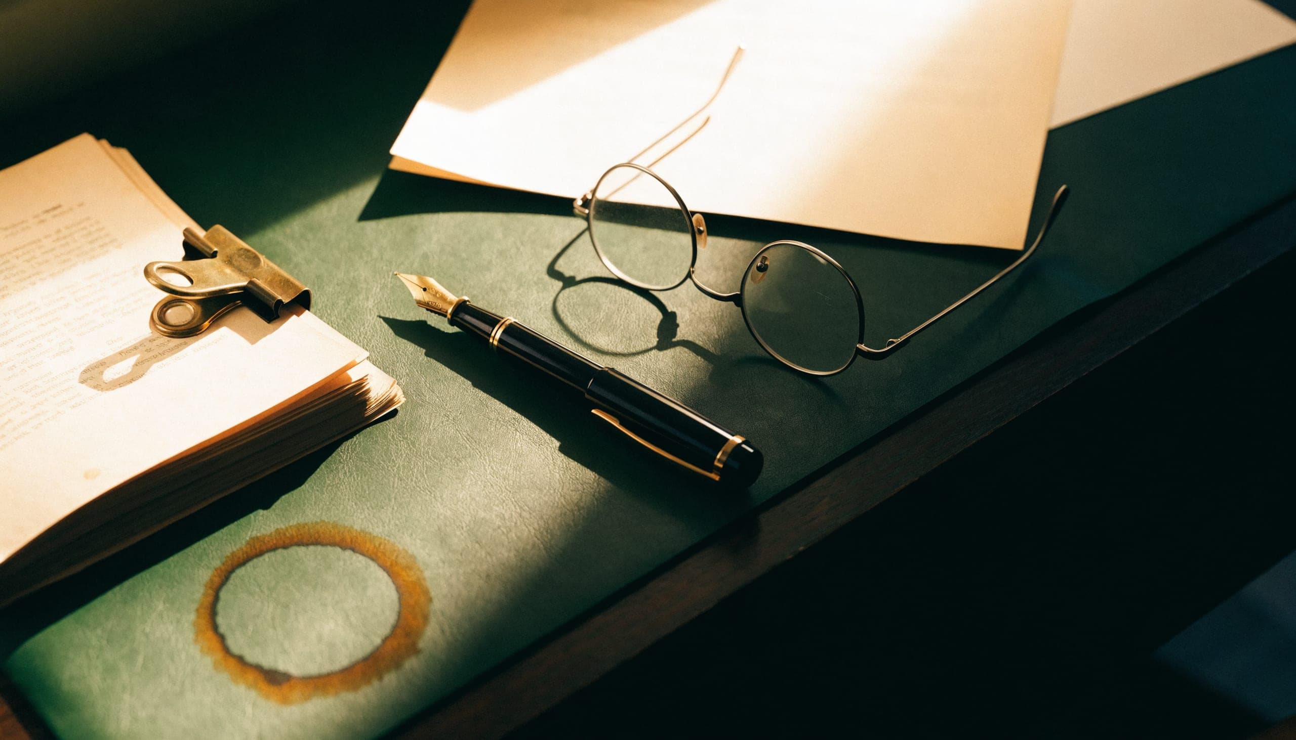 A writing desk from above: a fountain pen, folded reading glasses, a clipped stack of read pages and a coffee ring on green leather.