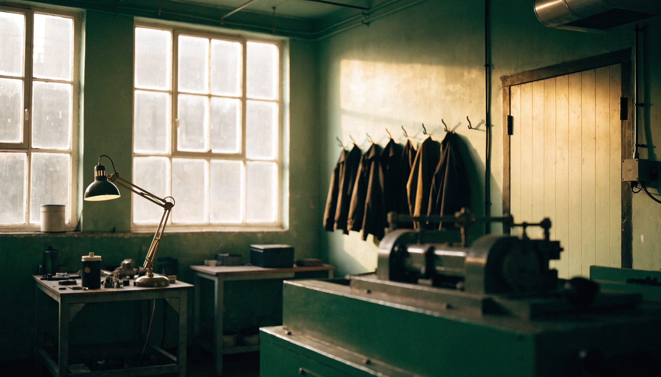 A small manufacturing floor at dawn, machines idle, one work lamp lit, jackets hung by the door.